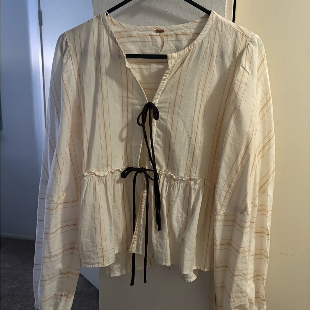 Free People Cream Blouse with Tie Accent brunch babe blouse